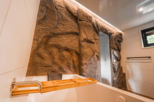 a bathroom with a large rock wall behind a sink at Het Sterrenbos in Zuidwolde
