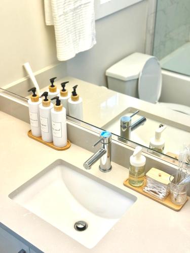 a bathroom with a sink and a mirror at The Cozy Quad In the Heart of Vancouver in Vancouver
