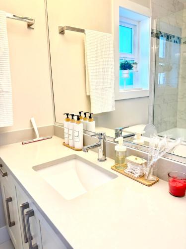 a bathroom counter with a sink and a mirror at The Cozy Quad In the Heart of Vancouver in Vancouver