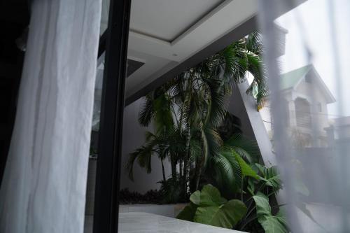 a window with a view of a palm tree outside at Care Appartement in Kinshasa