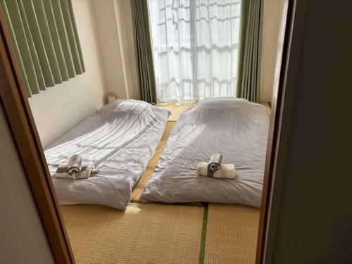two beds in a room with a mirror at Shimaville Japan, El Corpo in Matsudo