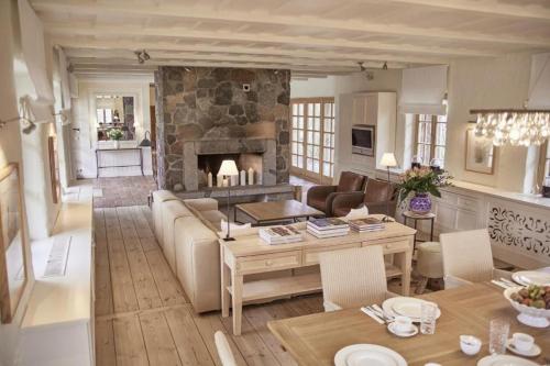 a living room with a couch and a fireplace at Posiadłość Wiejska i Ogrody Acqua di Rosa in Zameczek