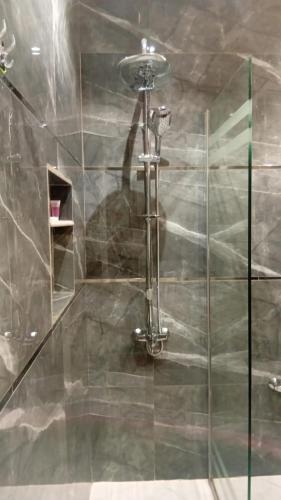 a shower with a glass door in a bathroom at شقق قمم اريانا للشقق المخدومة الدوادمي in Ad Dawādimī