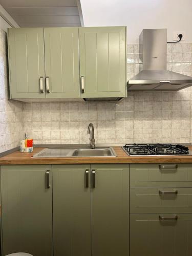 a kitchen with green cabinets and a sink at Casa Ale in Bisceglie