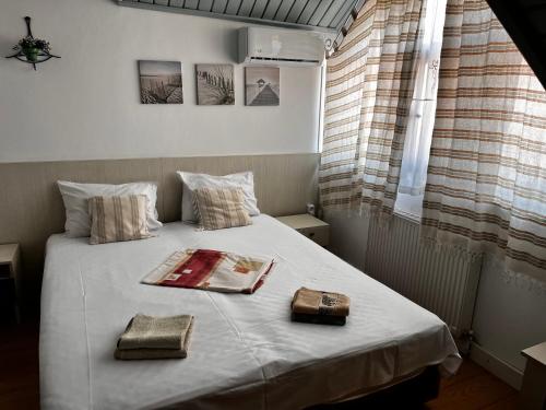 コンスタンツァにあるPensiunea Casa Harghitaのベッドルーム1室(ベッド1台、本付)