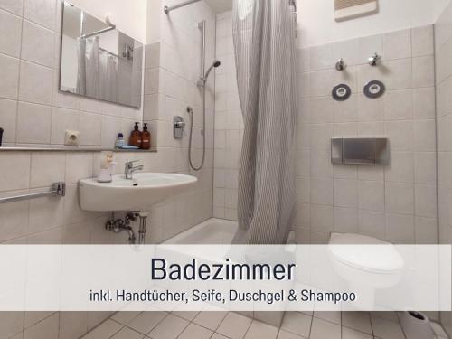 a bathroom with a sink and a toilet and a shower at City-Apartment Germersheim in Germersheim