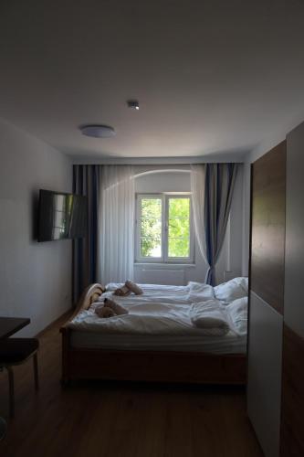 a bedroom with a large bed with a window at La Veneziana Guesthouse in Aschach an der Donau