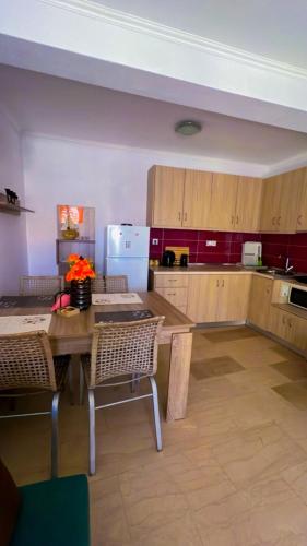 a kitchen with a table and chairs and a refrigerator at Anastelia Apartments - 1 in Olympiada