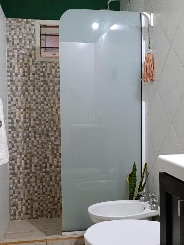 a bathroom with a shower and a toilet and a sink at Casa costa oeste in Posadas