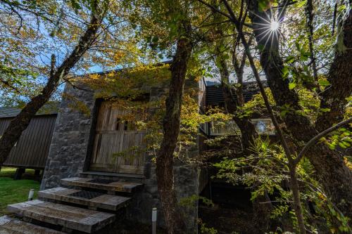 a stone building with a wooden door and some trees at Endemiko in Malalcahuello