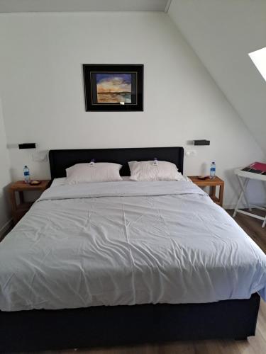 a bedroom with a large white bed with two pillows at la hamonniere in Savigny-le-Vieux