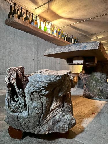 a shelf with bottles sitting on top of a rock at Bilor Luxury Holidays in Subbiano