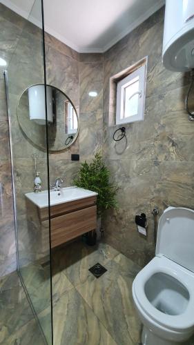 a bathroom with a sink and a toilet at Apartmani Drinske ploce in Bajina Bašta