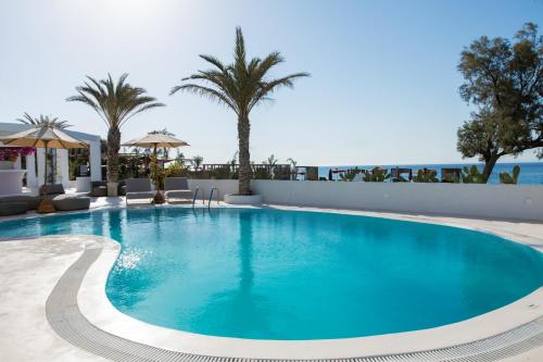 a large swimming pool with palm trees in the background at Frati Villas Beachfront in Perivolos