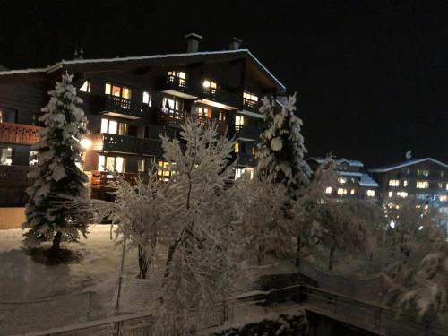 a building at night with snow covered trees and lights at Valmorel Appartement au pied des pistes in Valmorel