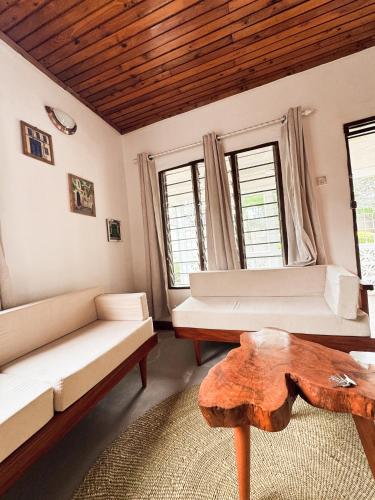 Arusha backpackers homes في أروشا: غرفة معيشة بها أريكتان وسقف خشبي
