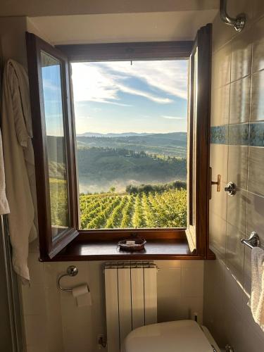 a bathroom with a toilet and a window with a view at Agriturismo Malpensata in Radda in Chianti