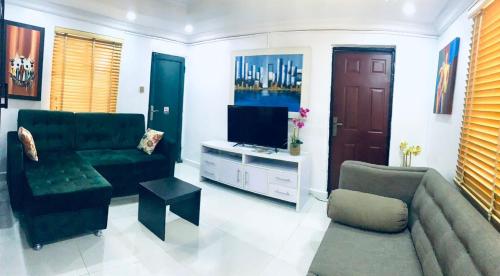 Una televisión o centro de entretenimiento en Cozy & Comfy Unit in the Heart of Victoria Island