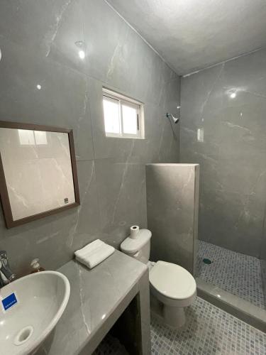 a bathroom with a toilet and a sink and a mirror at MARYAND in Soto la Marina