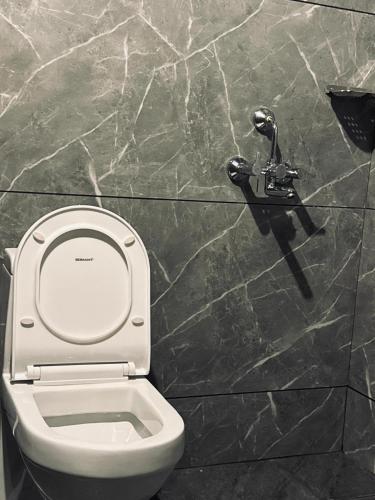 a bathroom with a white toilet in a stone wall at Venice villa varkala cliff -luxurious rooms and apartments in Varkala