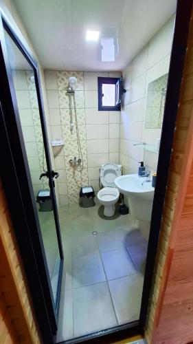 a bathroom with a toilet and a sink at Еко Къщи Градина in Sozopol