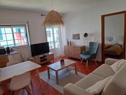 a living room with a couch and a tv at Casa Areia - Porto Covo in Porto Covo