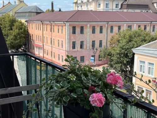 a potted plant on a balcony with buildings in the background at «ГОРИ́ЩЕ на площі Польський ринок» in Kamianets-Podilskyi