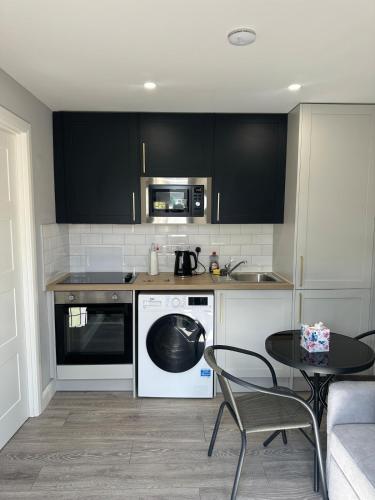 a kitchen with black cabinets and a white dishwasher at Brand New Studio Flat 36 in Dublin
