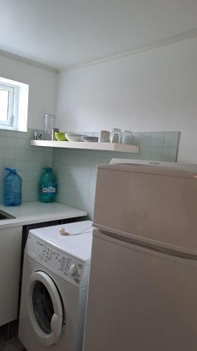 a kitchen with a washing machine in a kitchen at Garsoniera in Leirvåg