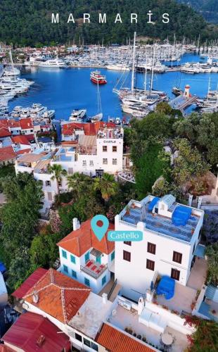 an aerial view of a harbor with boats at Castello Marmaris Holiday Home in Marmaris