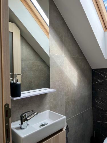 a bathroom with a sink and a skylight at Hacienda Dedinky C in Dedinky