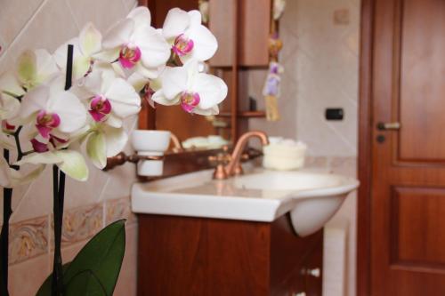 a bathroom with a sink and a white flower at Ariabbona in Modica
