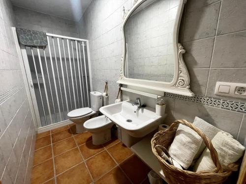 Un baño con lavabo, inodoro y espejo. en Olivae apartamento, en La Iruela