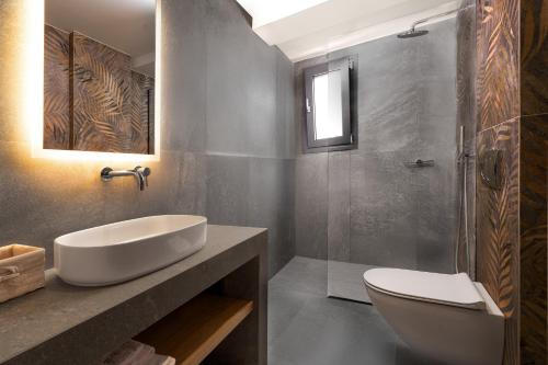 a bathroom with a sink and a toilet and a shower at Terra Olivia Luxury Villas and Suites in Paliouri