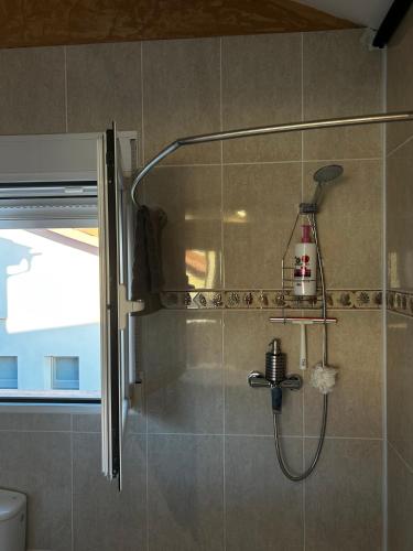 a shower in a bathroom with a shower head at Solea Alcayna in La Alcayna