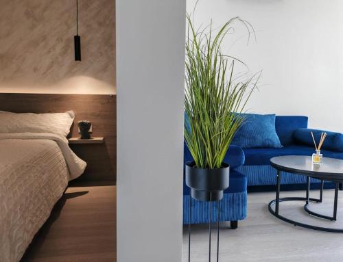 a living room with a blue couch and a table with a plant at Onix Studio Infinity 801 in Văleni