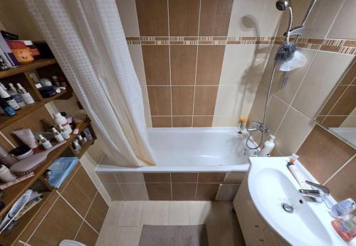 a bathroom with a bath tub and a sink at Apartmán MARKI in Malacky