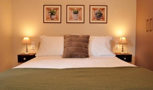 a bedroom with a large bed with two lamps at Meteora Guest Houses in Kalabaka