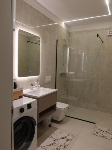 a bathroom with a sink and a shower and a toilet at Marbel Apartments in Shëngjin