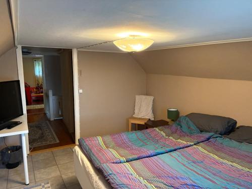 a bedroom with a bed and a flat screen tv at Blomstergården in Vilshult