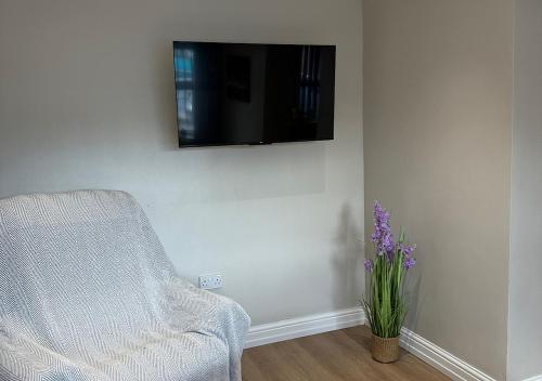 a living room with a chair and a tv on a wall at Chateau julie in Liverpool