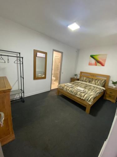 ein Schlafzimmer mit einem Bett, einer Kommode und einem Spiegel in der Unterkunft Casa Rizea in Râmnicu Vâlcea