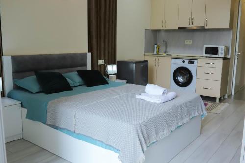 a bedroom with a bed with a washing machine at New Batumi City Center in Kakhaberi