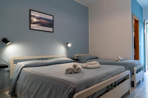 two beds in a bedroom with blue walls at Palia's Hotel in Laino Borgo