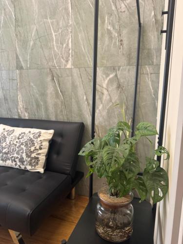 a black leather couch and a plant on a table at Flat in Duomo in Milan