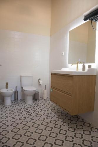 a bathroom with a sink and a toilet and a mirror at Quinta-lina de serpins in Serpins