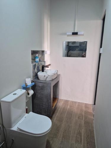 a bathroom with a toilet and a sink at Villa Pierre Precieuse Private pool and garden in Cap Malheureux