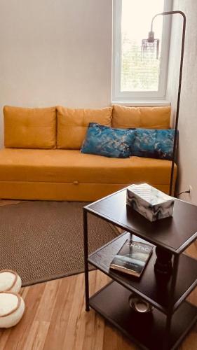 a living room with a couch and a coffee table at Exclusive Garden Oasis with Jacuzzi & Private Parking in Trnava