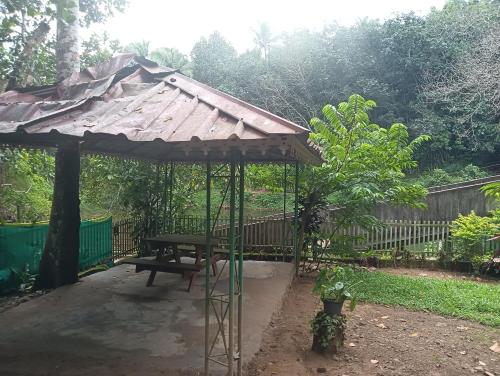 a pavilion with a picnic table in a garden at Devas Riverside Homestay in Kallar-Bridge