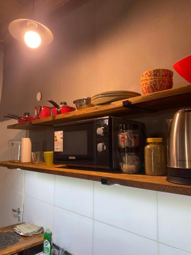 a microwave on a shelf in a kitchen at Monoambiente en posadas 2 in Posadas